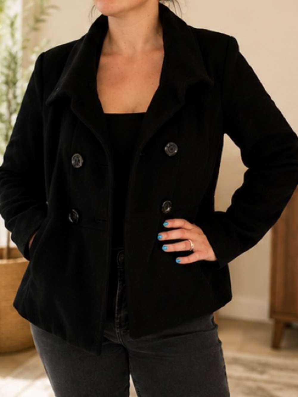 Forever 21 Black Double-Breasted Peacoat Blazer